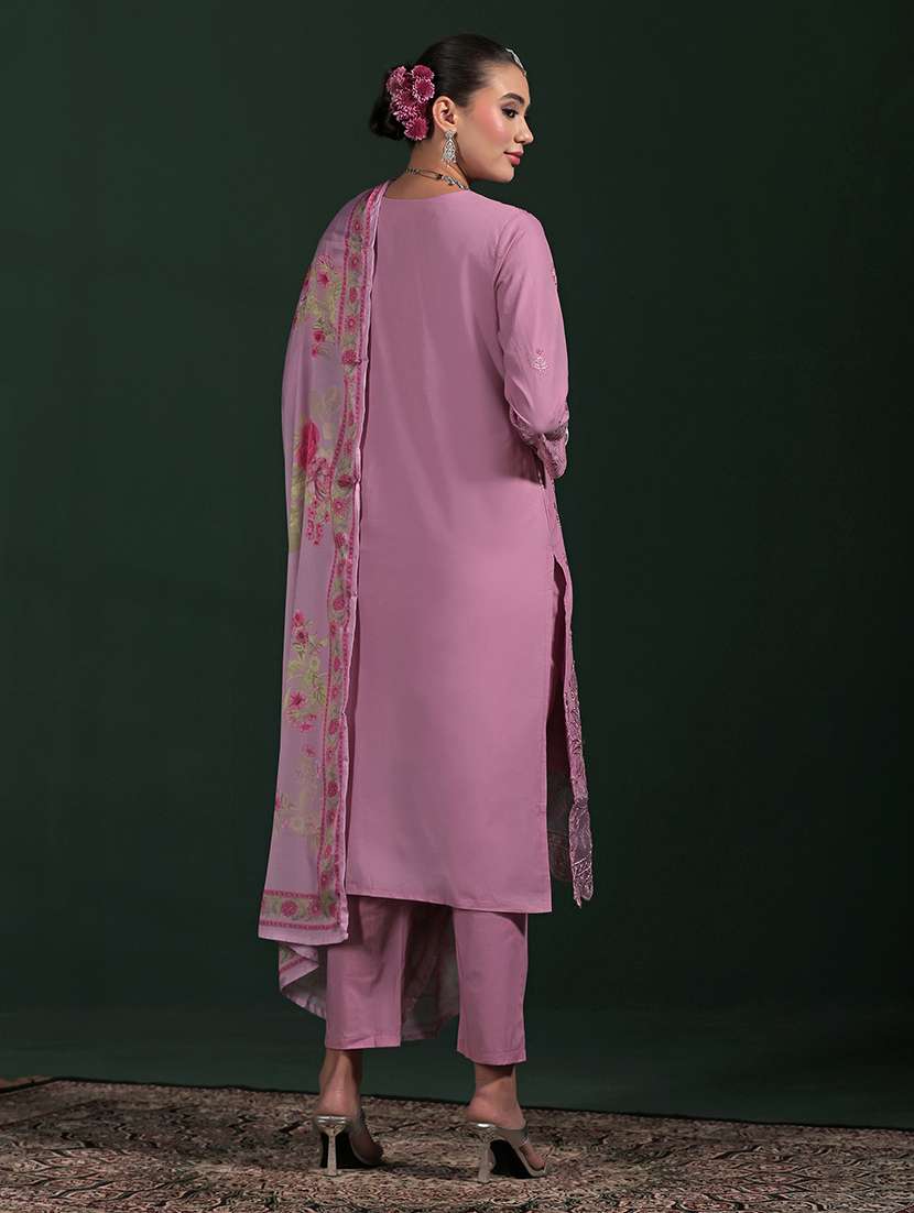 women solid with work three quarter sleeve kurta pant with dupatta set - 22324151 -  Standard Image - 4