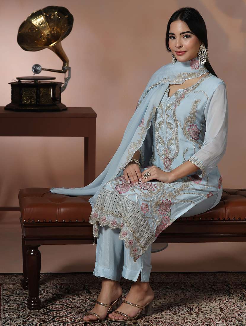 women solid with work three quarter sleeve kurta pant with dupatta set - 22324153 -  Standard Image - 1