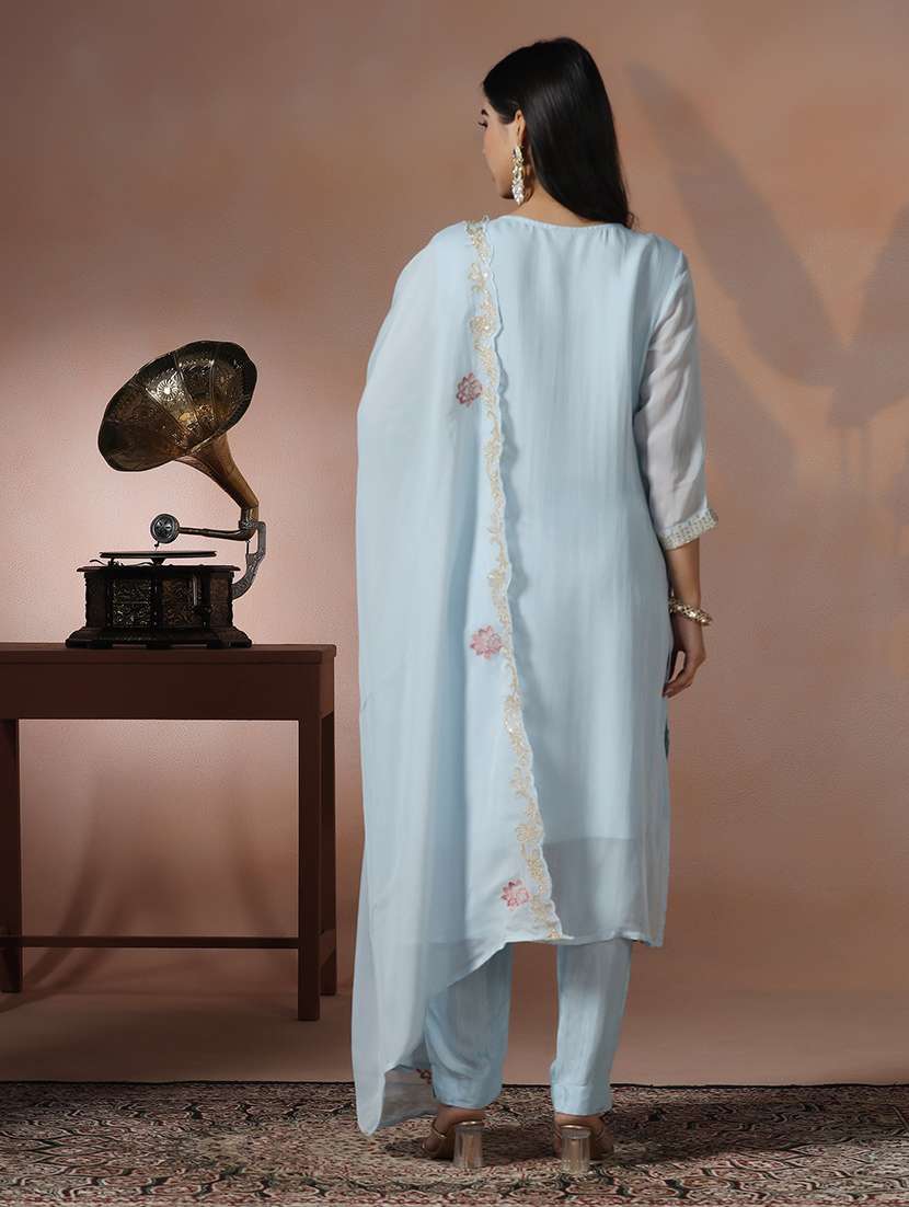 women solid with work three quarter sleeve kurta pant with dupatta set - 22324153 -  Standard Image - 4