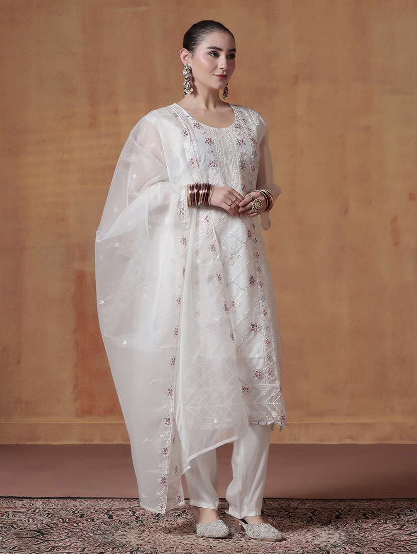 women solid with work three quarter sleeve kurta pant with dupatta set - 22324155 -  Standard Image - 1