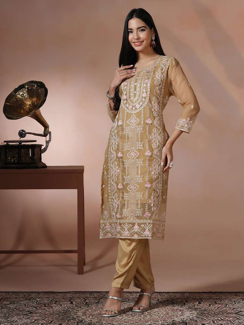 women solid with work three quarter sleeve kurta pant with dupatta set - 22324156 -  Standard Image - 1