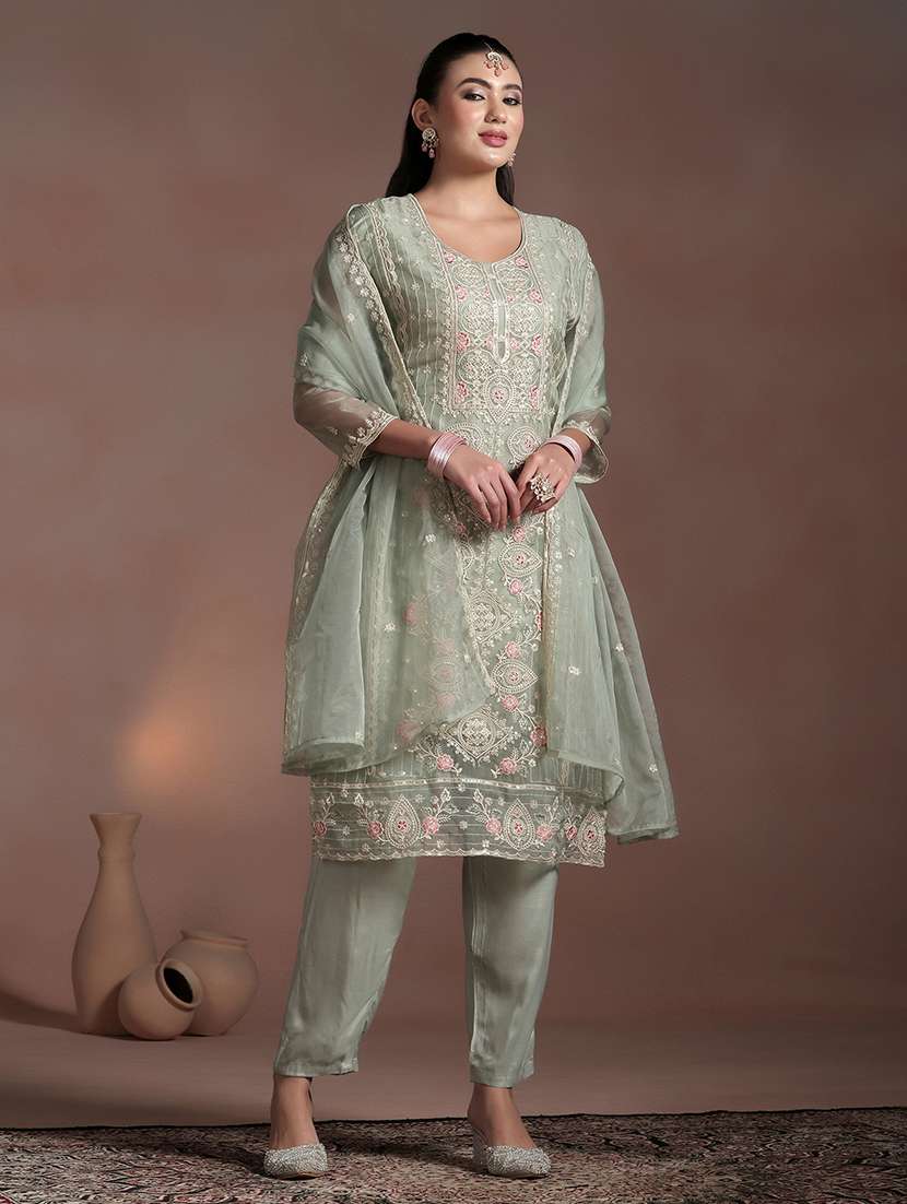 women solid with work three quarter sleeve kurta pant with dupatta set - 22324157 -  Standard Image - 1