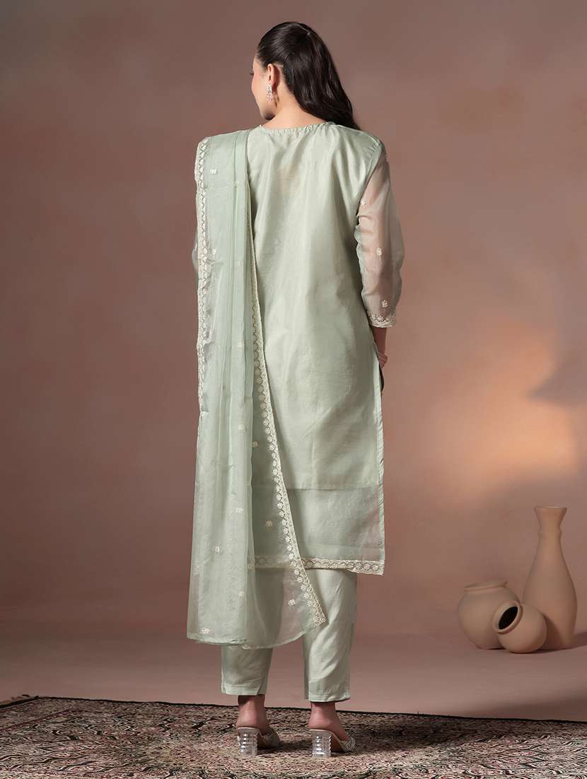women solid with work three quarter sleeve kurta pant with dupatta set - 22324157 -  Standard Image - 4