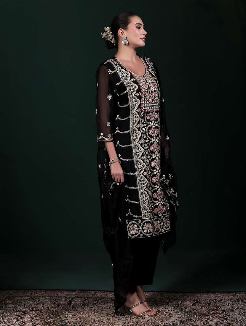 women solid with work three quarter sleeve kurta pant with dupatta set - 22324158 -  Standard Image - 1