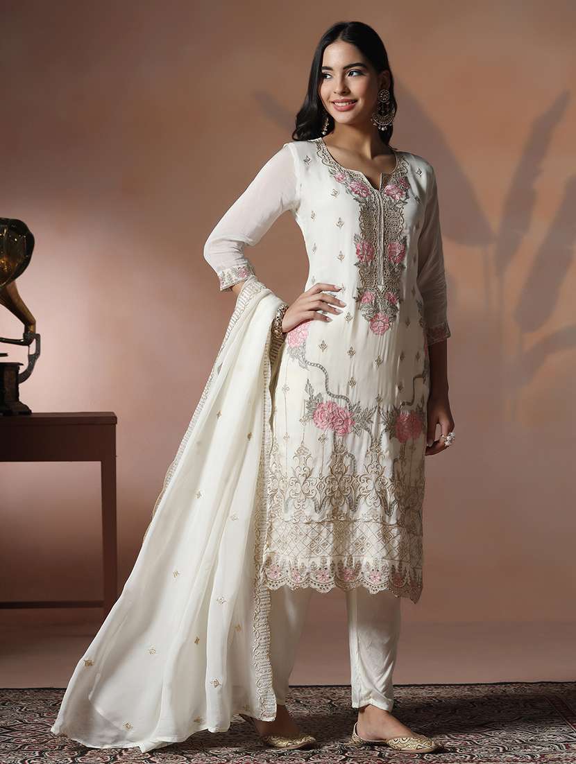 women solid with work three quarter sleeve kurta pant with dupatta set - 22324159 -  Standard Image - 1