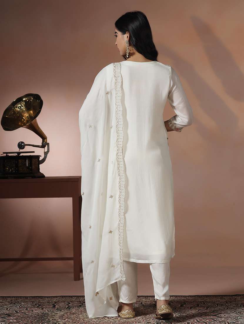 women solid with work three quarter sleeve kurta pant with dupatta set - 22324159 -  Standard Image - 4