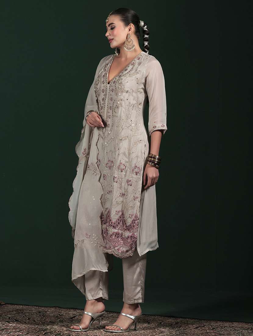 Women Solid With Work Three Quarter Sleeve Kurta Pant With Dupatta Set - 22324160 -  Standard Image - 1