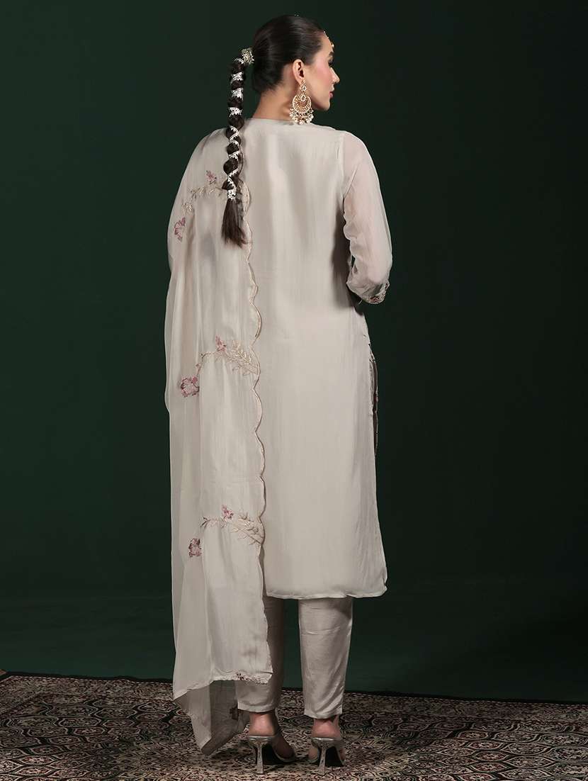 Women Solid With Work Three Quarter Sleeve Kurta Pant With Dupatta Set - 22324160 -  Standard Image - 4