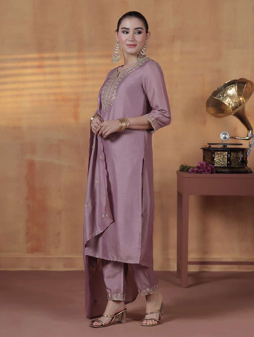 women solid with work three quarter sleeve kurta pant with dupatta set - 22324167 -  Standard Image - 1