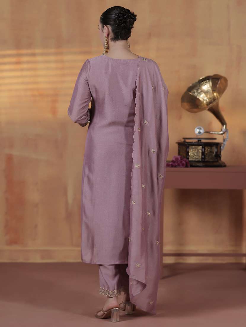 women solid with work three quarter sleeve kurta pant with dupatta set - 22324167 -  Standard Image - 4