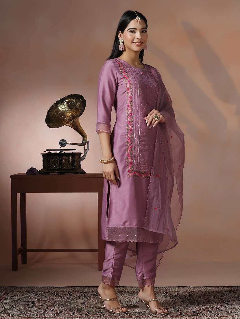 women solid with work three quarter sleeve kurta pant with dupatta set - 22324168 -  Standard Image - 1