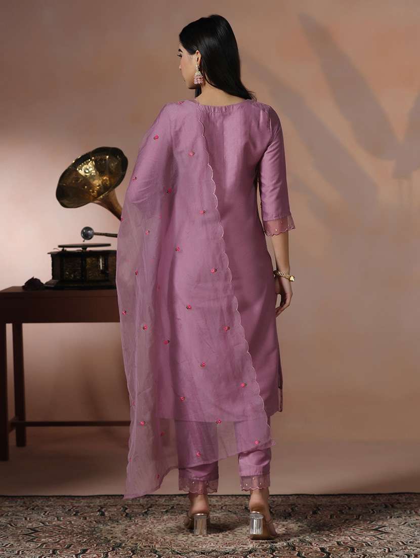 women solid with work three quarter sleeve kurta pant with dupatta set - 22324168 -  Standard Image - 4
