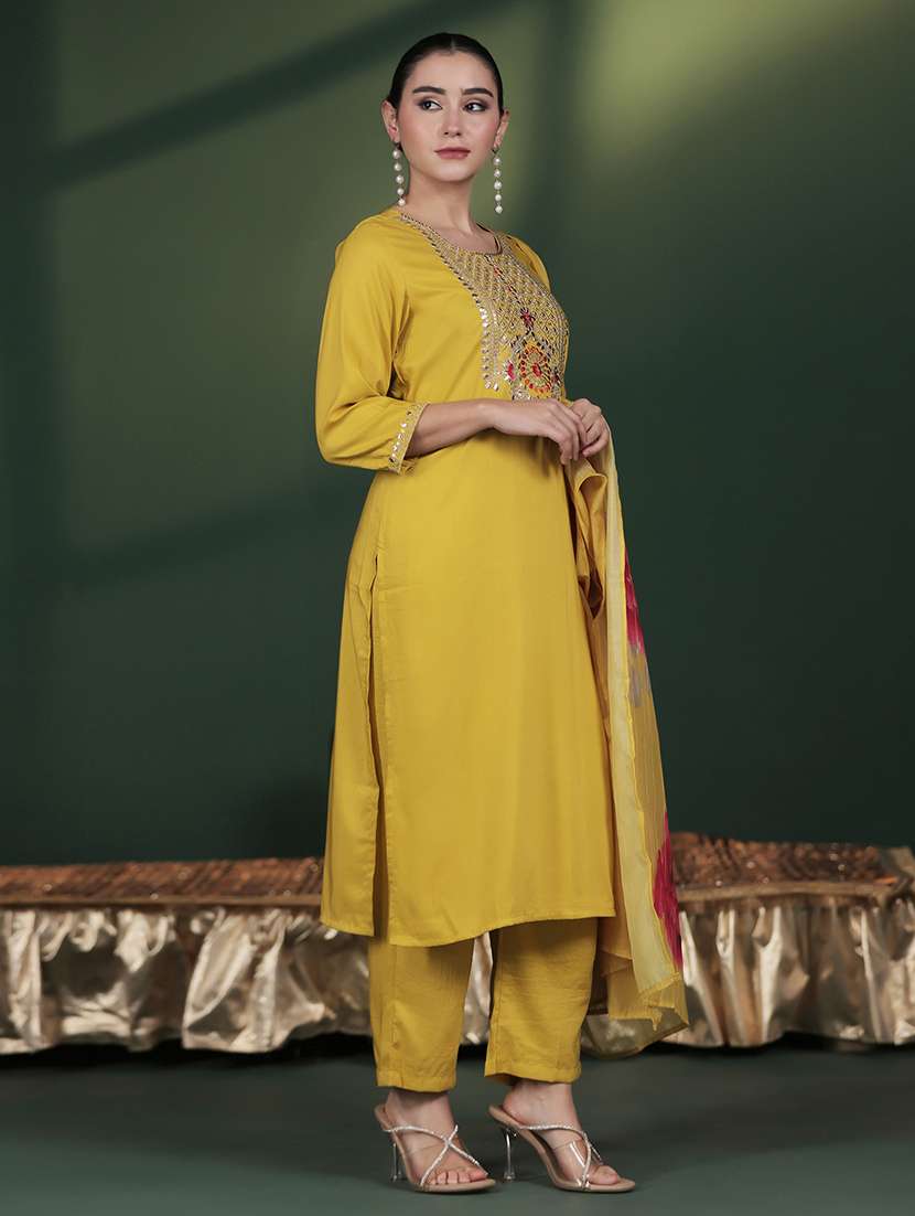 women solid with work three quarter sleeve kurta pant with dupatta set - 22324170 -  Standard Image - 1