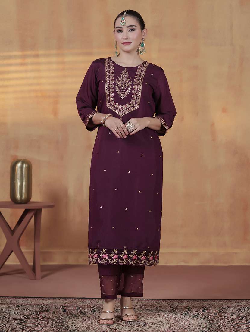 women solid with work three quarter sleeve kurta pant with dupatta set - 22324171 -  Standard Image - 1