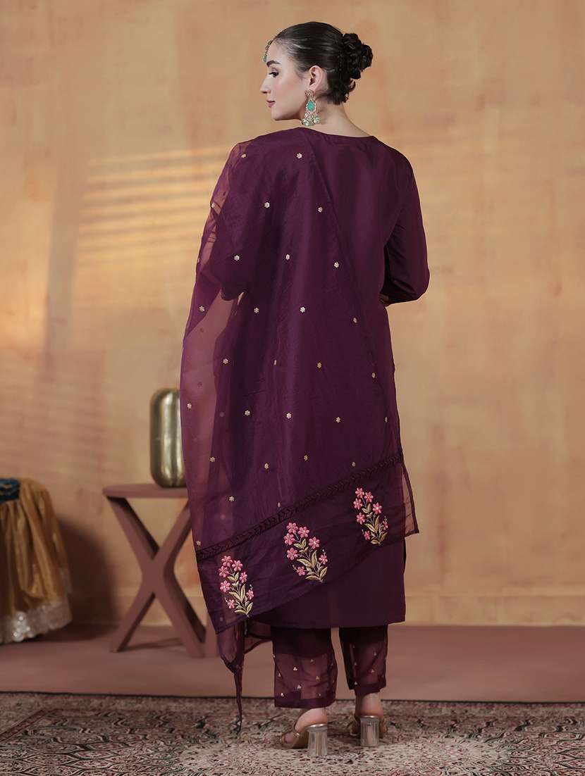 women solid with work three quarter sleeve kurta pant with dupatta set - 22324171 -  Standard Image - 4