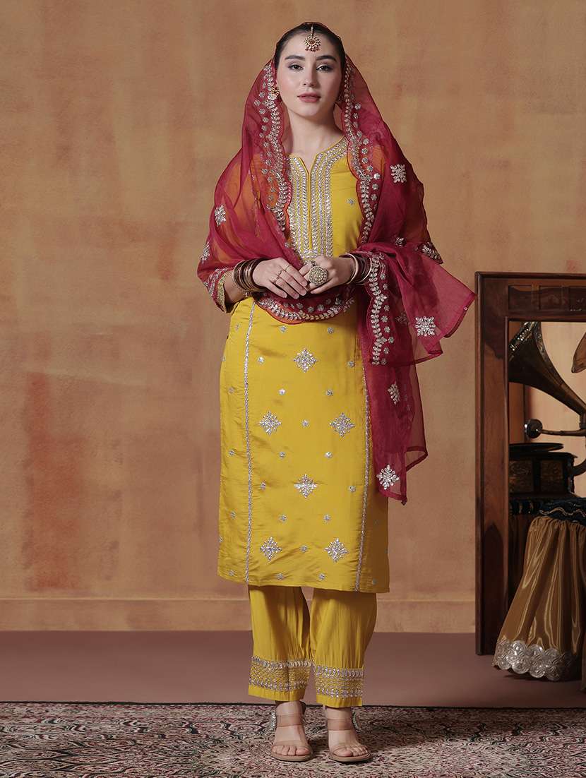 women solid with work three quarter sleeve kurta pant with dupatta set - 22324172 -  Standard Image - 1