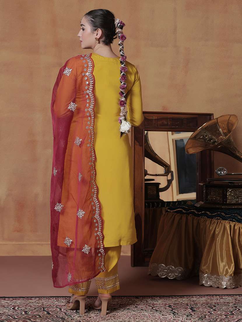 women solid with work three quarter sleeve kurta pant with dupatta set - 22324172 -  Standard Image - 4