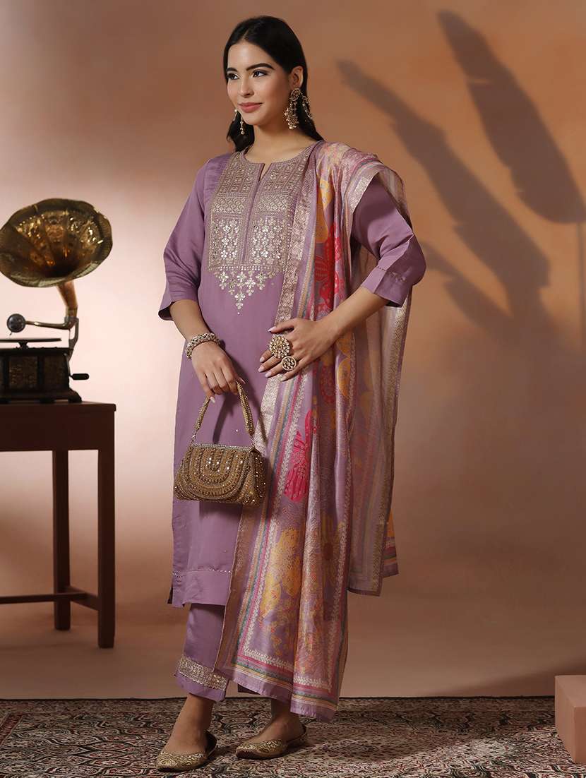 women solid with work three quarter sleeve kurta pant with dupatta set