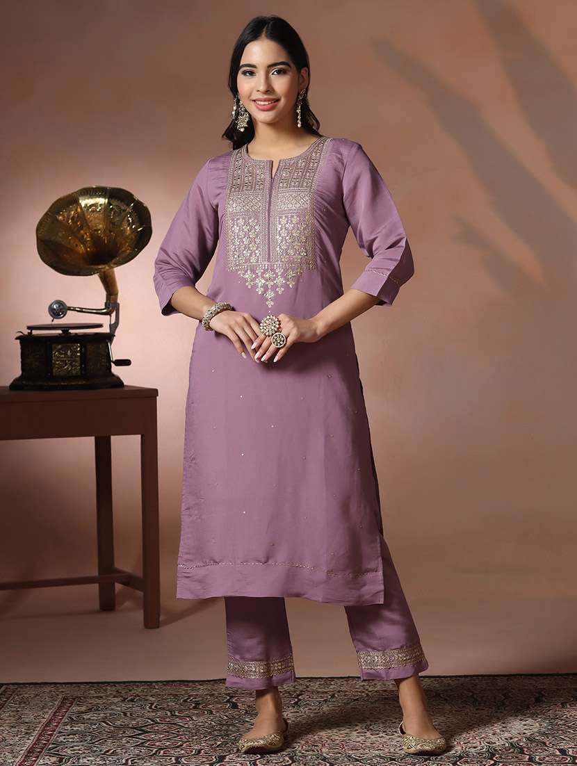 women solid with work three quarter sleeve kurta pant with dupatta set - 22324173 -  Standard Image - 1