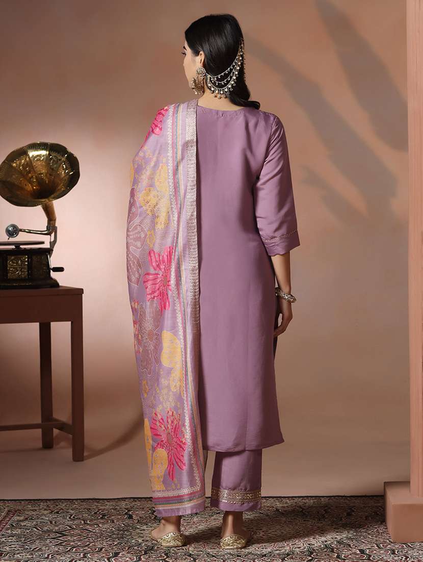 women solid with work three quarter sleeve kurta pant with dupatta set - 22324173 -  Standard Image - 4