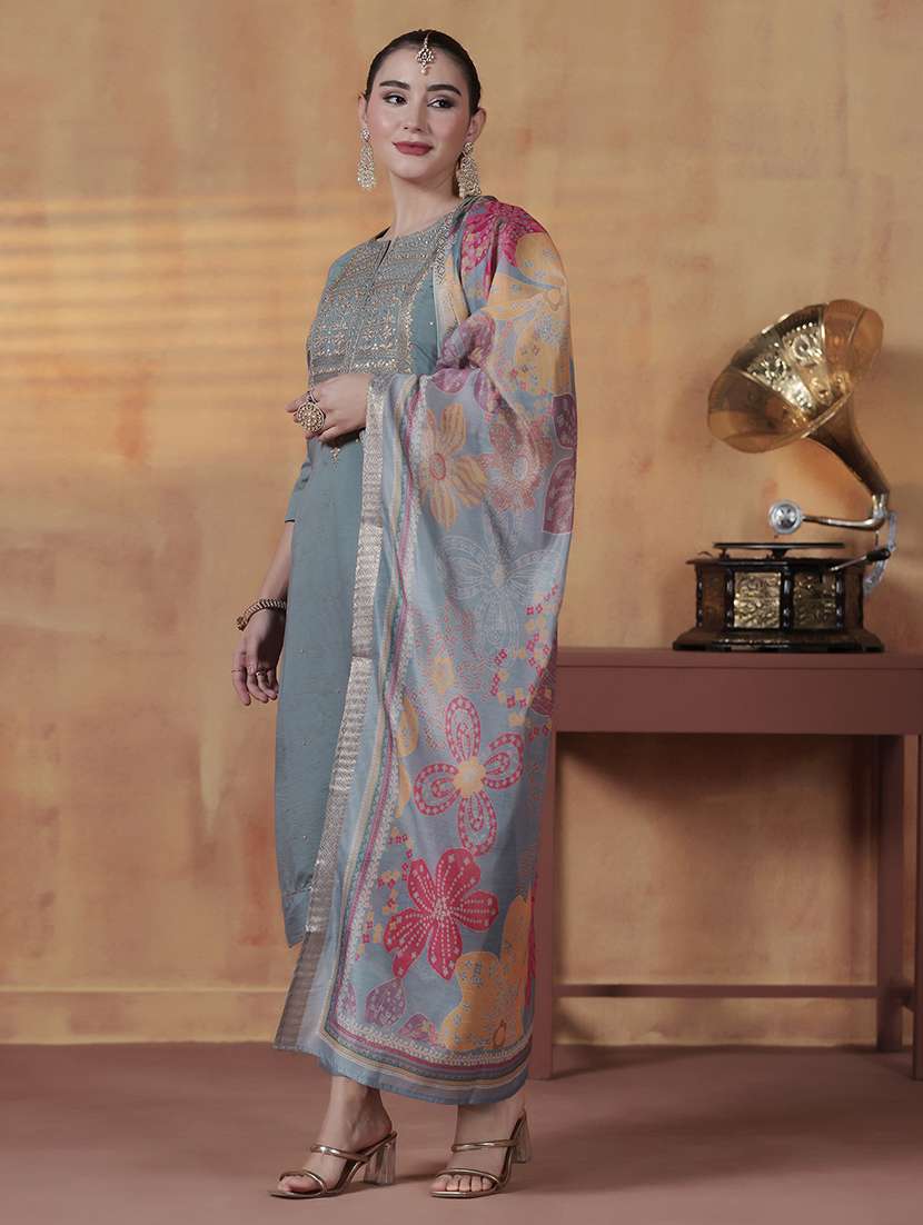 Women Solid With Work Three Quarter Sleeve Kurta Pant With Dupatta Set - 22324174 -  Standard Image - 1