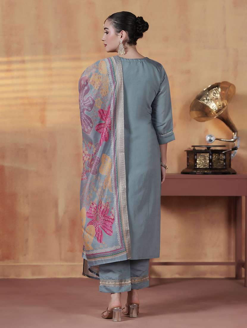 Women Solid With Work Three Quarter Sleeve Kurta Pant With Dupatta Set - 22324174 -  Standard Image - 4