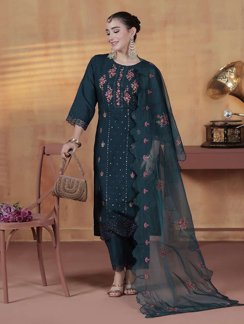 women solid with work three quarter sleeve kurta pant with dupatta set - 22324176 -  Standard Image - 1