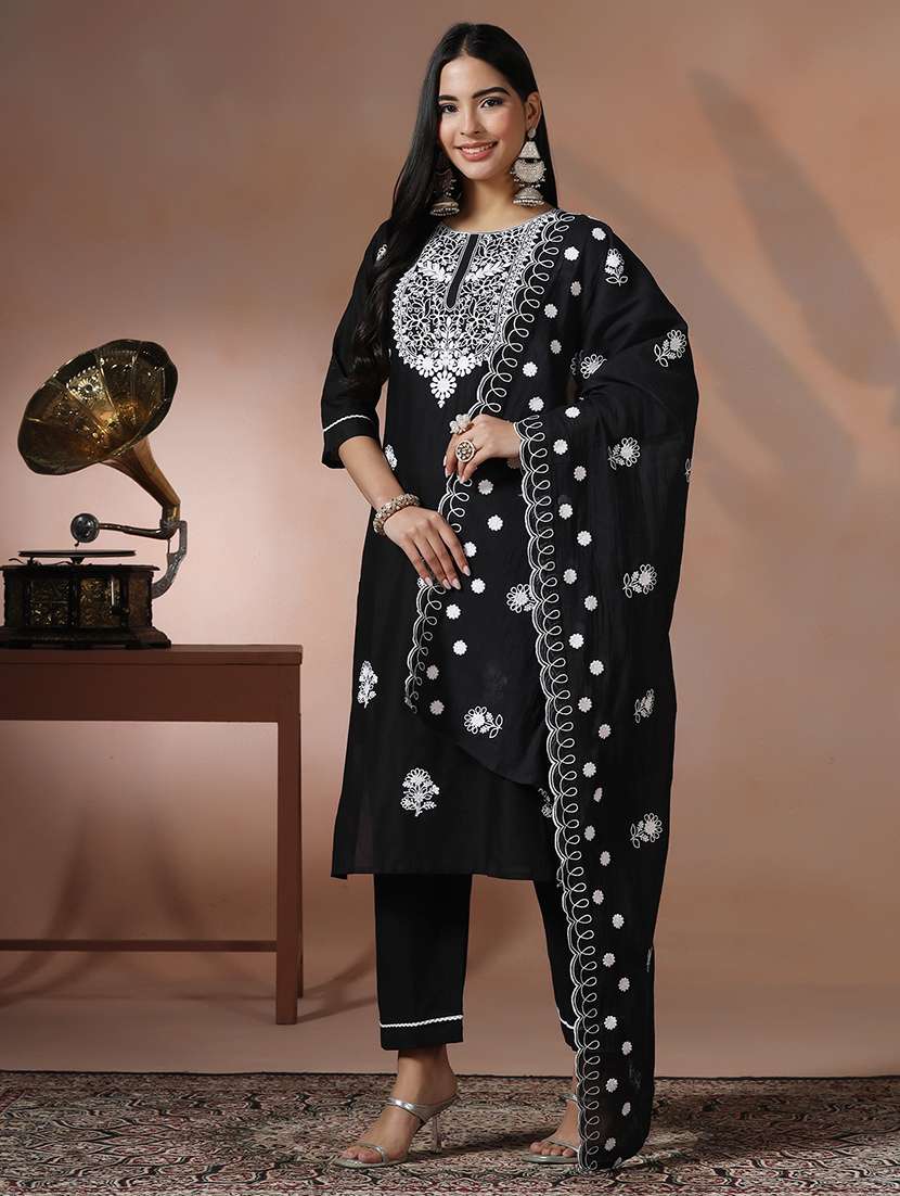 women solid with work three quarter sleeve kurta pant with dupatta set - 22324177 -  Standard Image - 1