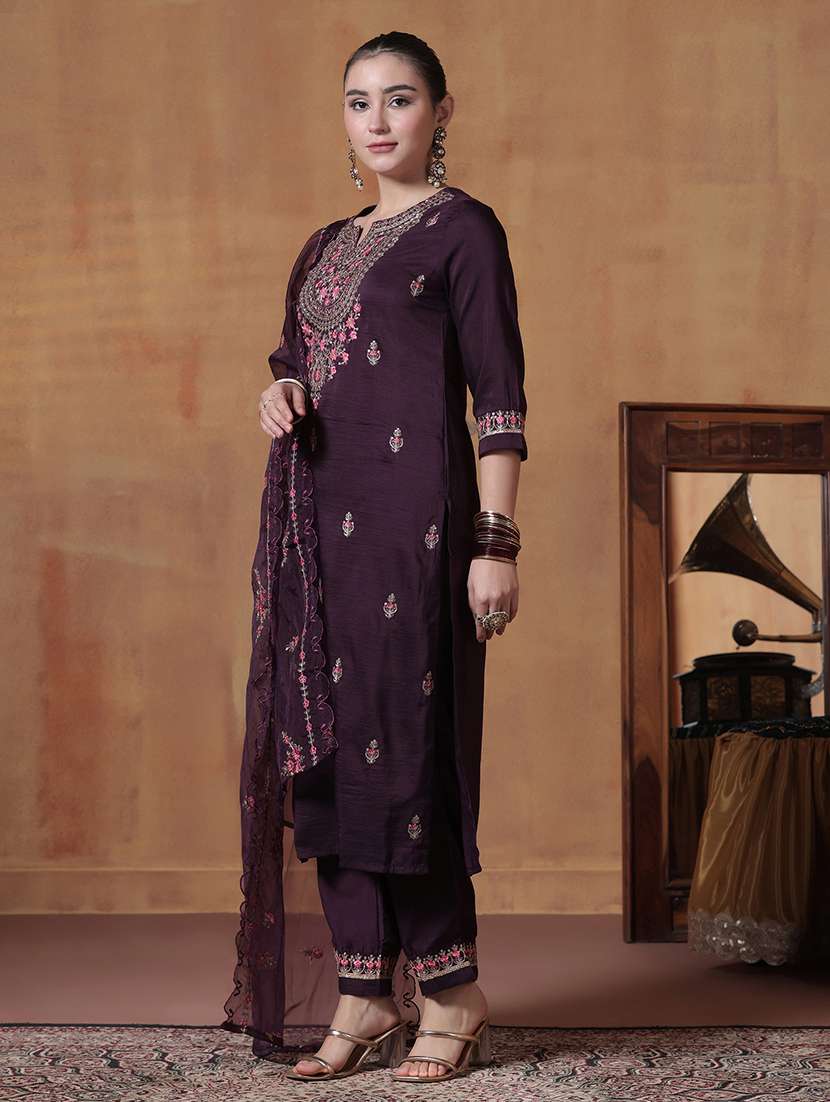 women solid with work three quarter sleeve kurta pant with dupatta set - 22324180 -  Standard Image - 1