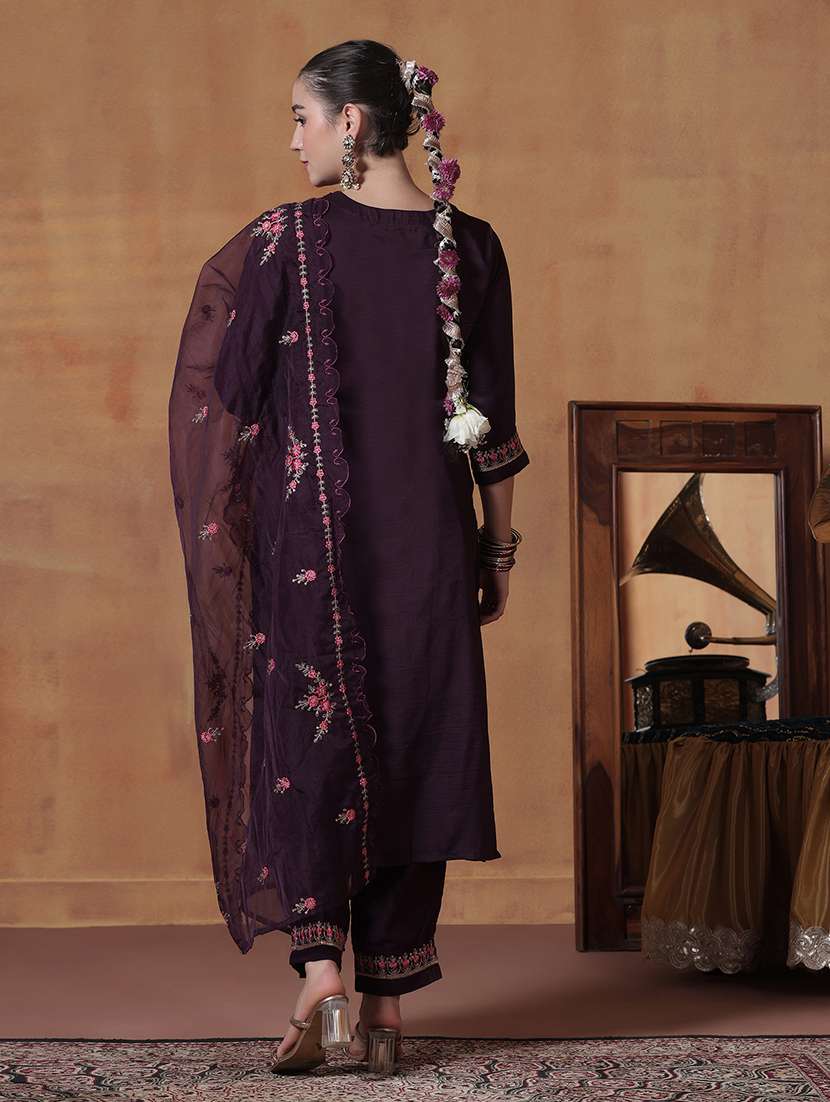 women solid with work three quarter sleeve kurta pant with dupatta set - 22324180 -  Standard Image - 4