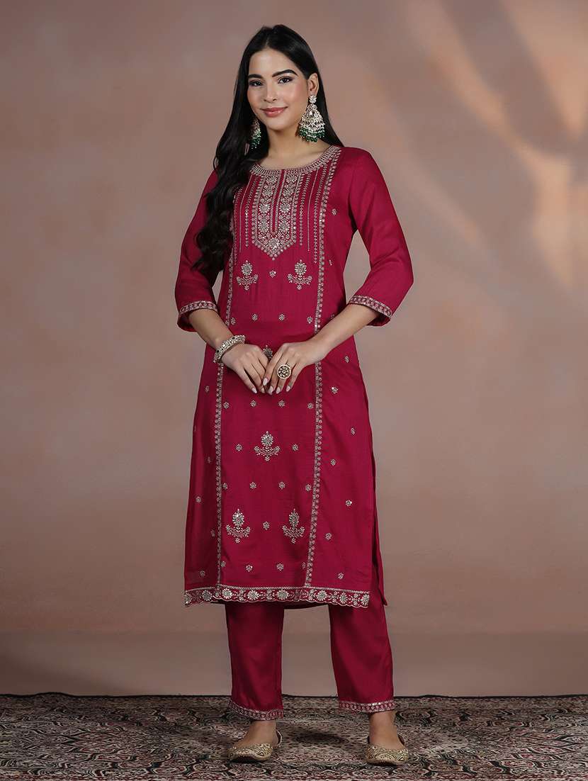 women solid with work three quarter sleeve kurta pant with dupatta set - 22324181 -  Standard Image - 1