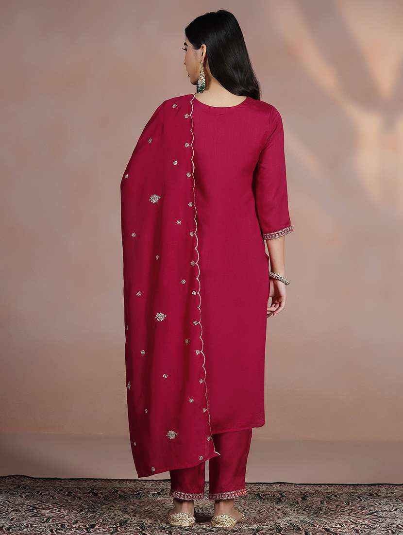 women solid with work three quarter sleeve kurta pant with dupatta set - 22324181 -  Standard Image - 4