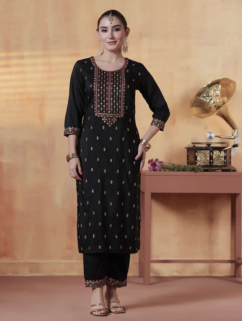 women solid with work three quarter sleeve kurta pant with dupatta set - 22324183 -  Standard Image - 1