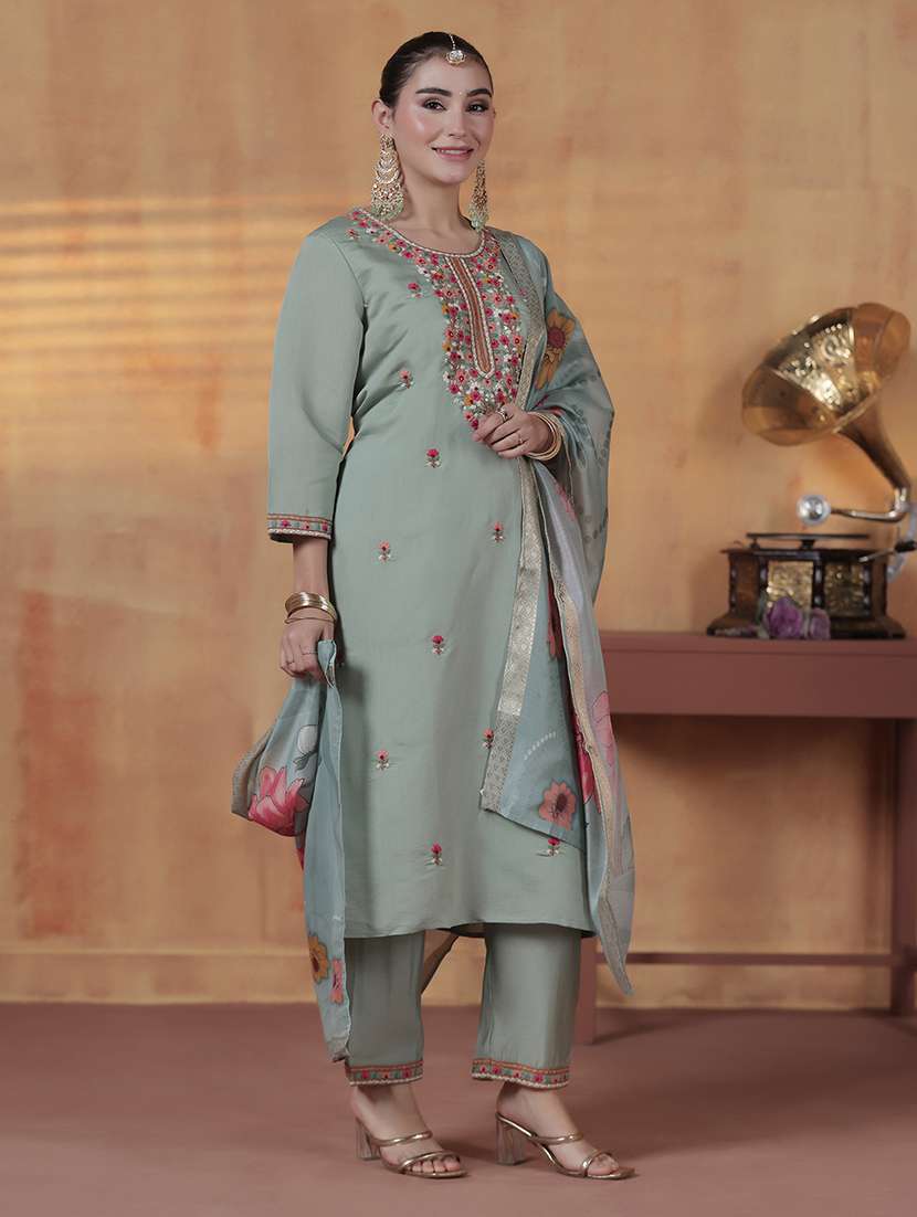 women solid with work three quarter sleeve kurta pant with dupatta set - 22324185 -  Standard Image - 1