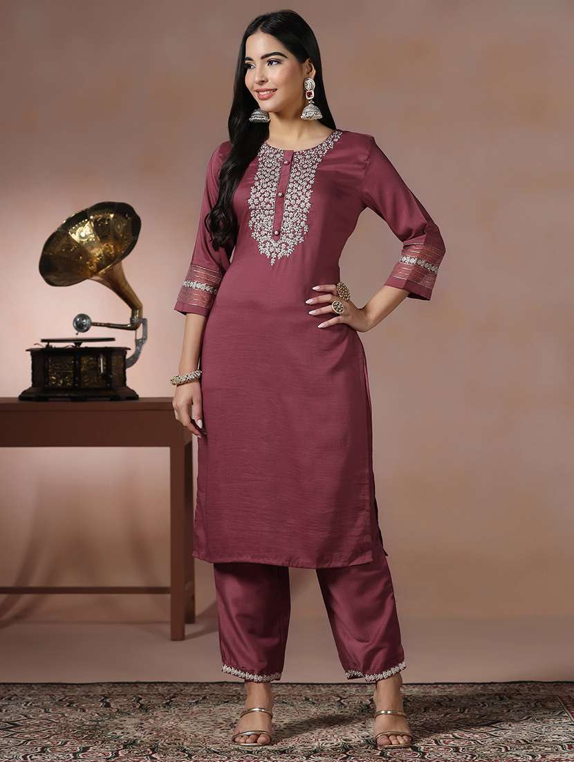 women solid with work three quarter sleeve kurta pant with dupatta set - 22324187 -  Standard Image - 1