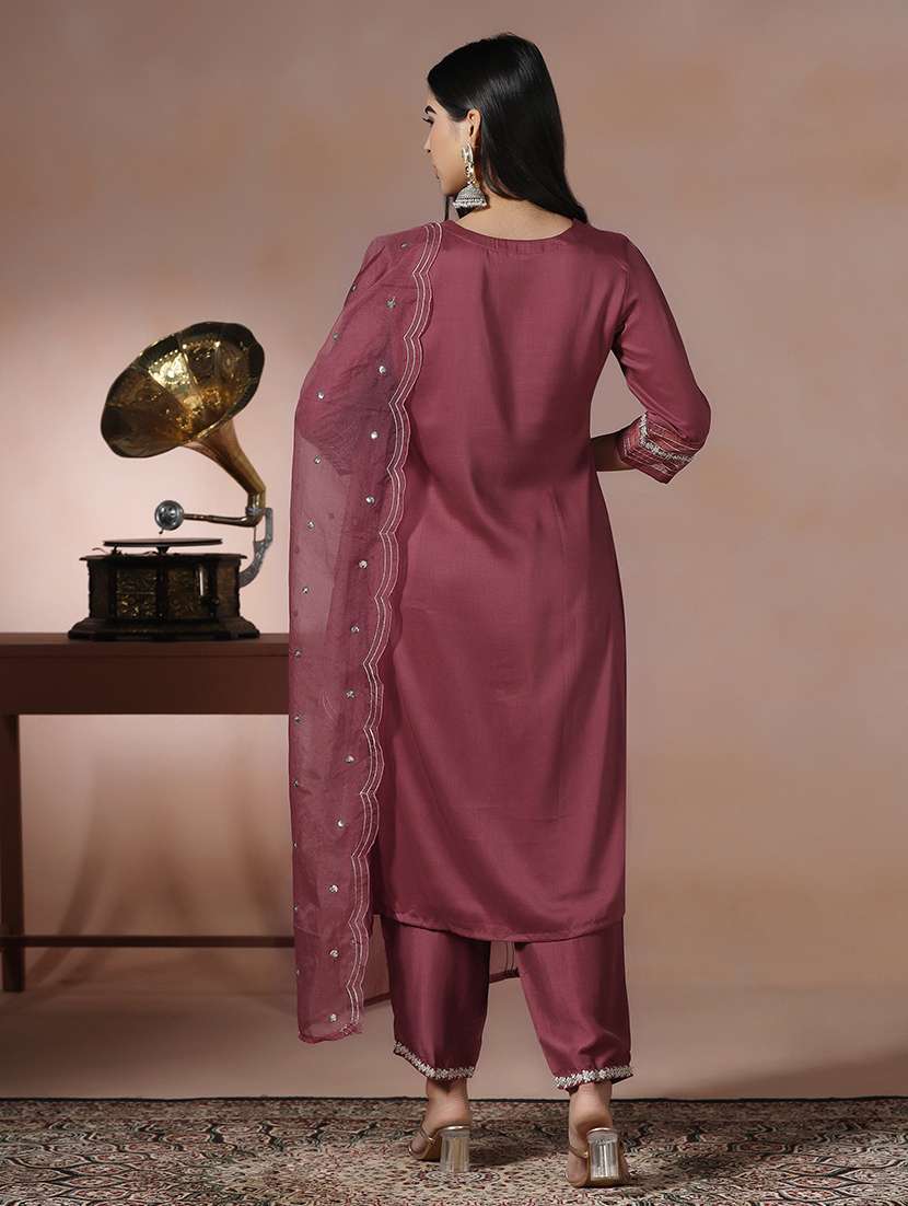 women solid with work three quarter sleeve kurta pant with dupatta set - 22324187 -  Standard Image - 4