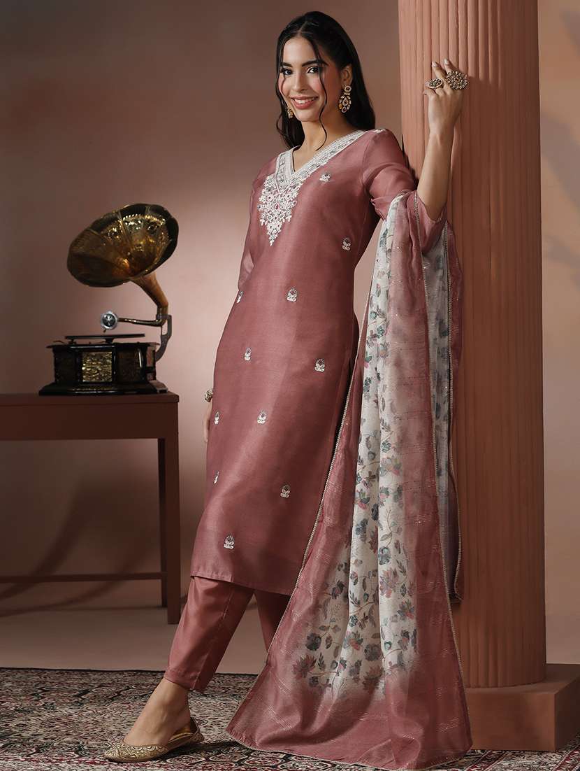 women solid with work three quarter sleeve kurta pant with dupatta set - 22324188 -  Standard Image - 1