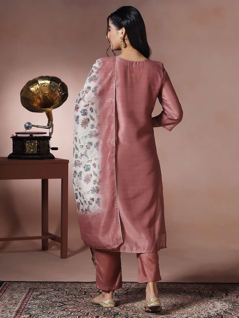 women solid with work three quarter sleeve kurta pant with dupatta set - 22324188 -  Standard Image - 4