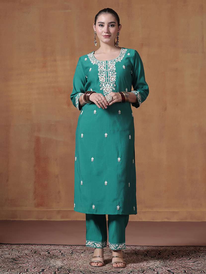 women solid with work three quarter sleeve kurta pant with dupatta set - 22324191 -  Standard Image - 1
