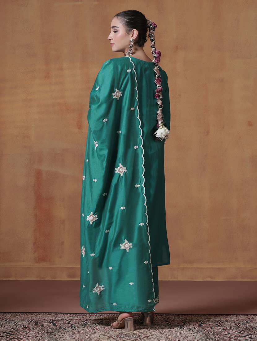 women solid with work three quarter sleeve kurta pant with dupatta set - 22324191 -  Standard Image - 4