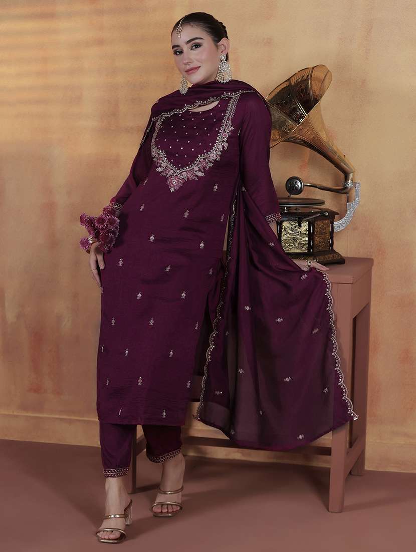 women solid with work three quarter sleeve kurta pant with dupatta set - 22324192 -  Standard Image - 1