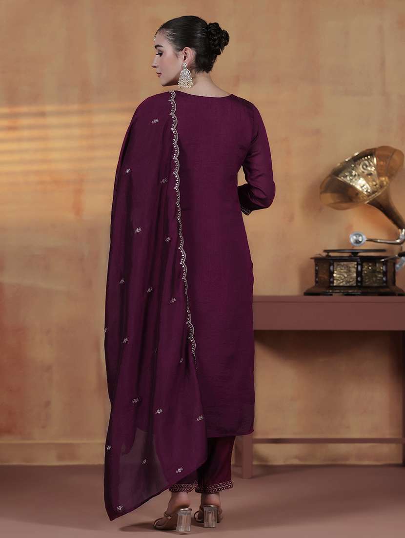 women solid with work three quarter sleeve kurta pant with dupatta set - 22324192 -  Standard Image - 4