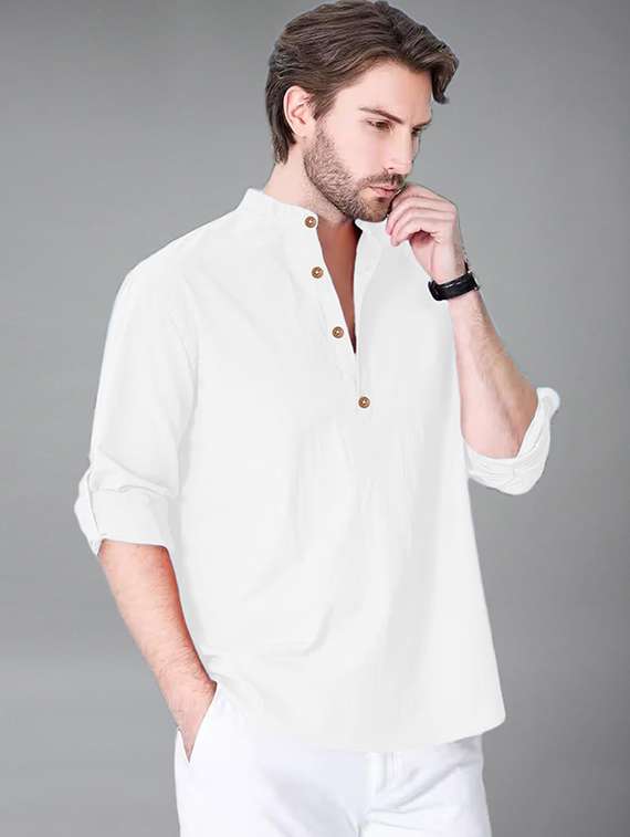 men solid mandarin neck short kurta - 22325248 -  Standard Image - 1