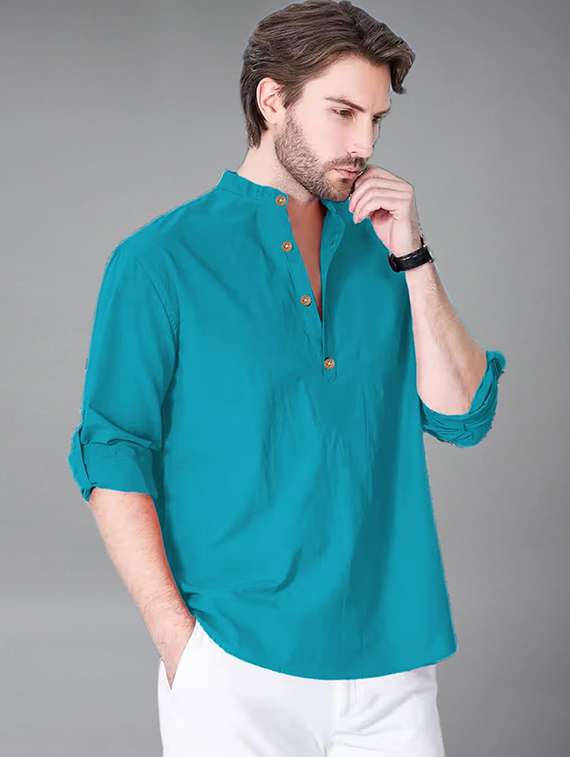 men solid mandarin neck short kurta - 22325249 -  Standard Image - 1