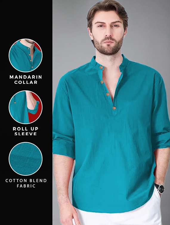 men solid mandarin neck short kurta - 22325249 -  Standard Image - 4