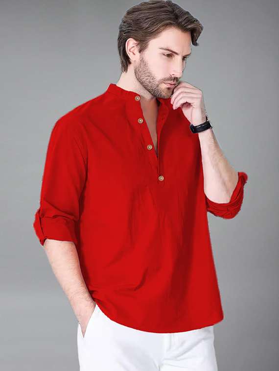 men solid mandarin neck short kurta - 22325252 -  Standard Image - 1
