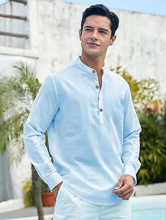 men solid mandarin neck short kurta - 22325429 -  Standard Image - 1