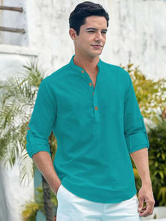 men solid mandarin neck short kurta - 22325430 -  Standard Image - 1