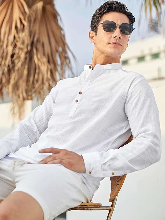 men solid mandarin neck short kurta - 22325431 -  Standard Image - 1