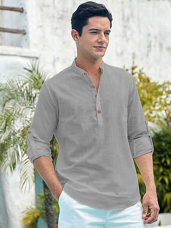 men solid mandarin neck short kurta - 22325452 -  Standard Image - 1
